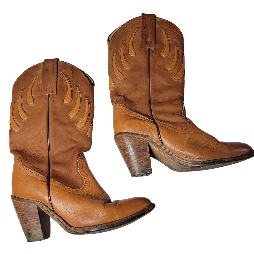Frye Vintage Leather Cowboy Boots Tan Brown Western Bear Claw Womens Size 7 READ